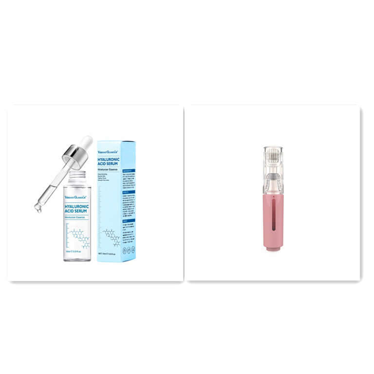 Hyaluronic acid serum with dropper and microneedling device for skincare treatment.