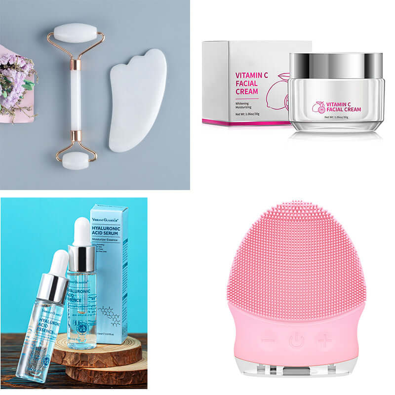 Collage of skincare products including Vitamin C Facial Cream, hyaluronic acid serums, facial roller, and cleansing device.