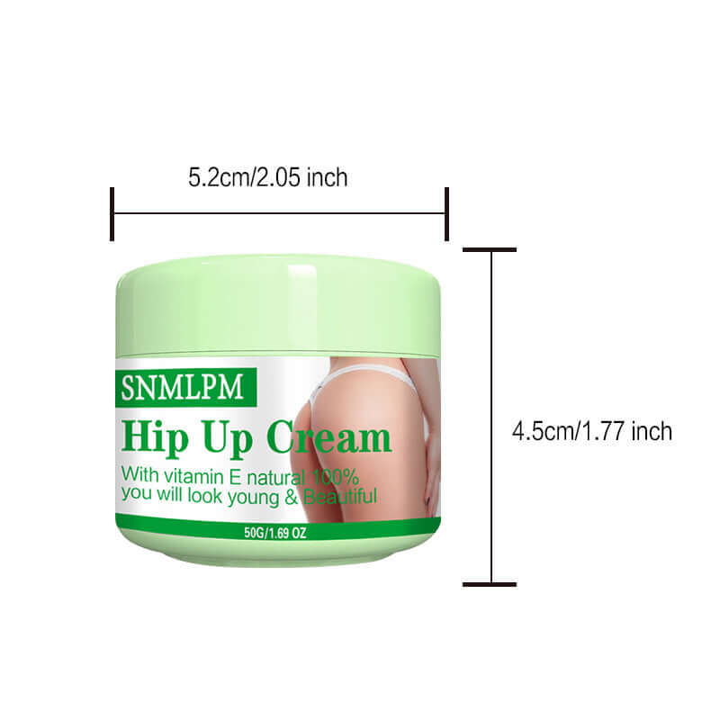 Hip up cream container with dimensions, featuring vitamin E for youthful skin; 50g jar for body care.