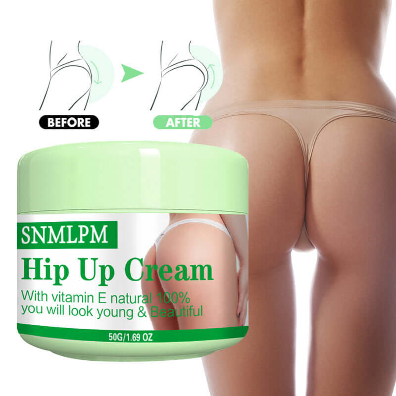 SNMLPM Hip Up Cream 50g with vitamin E for youthful and beautiful skin, before and after application.